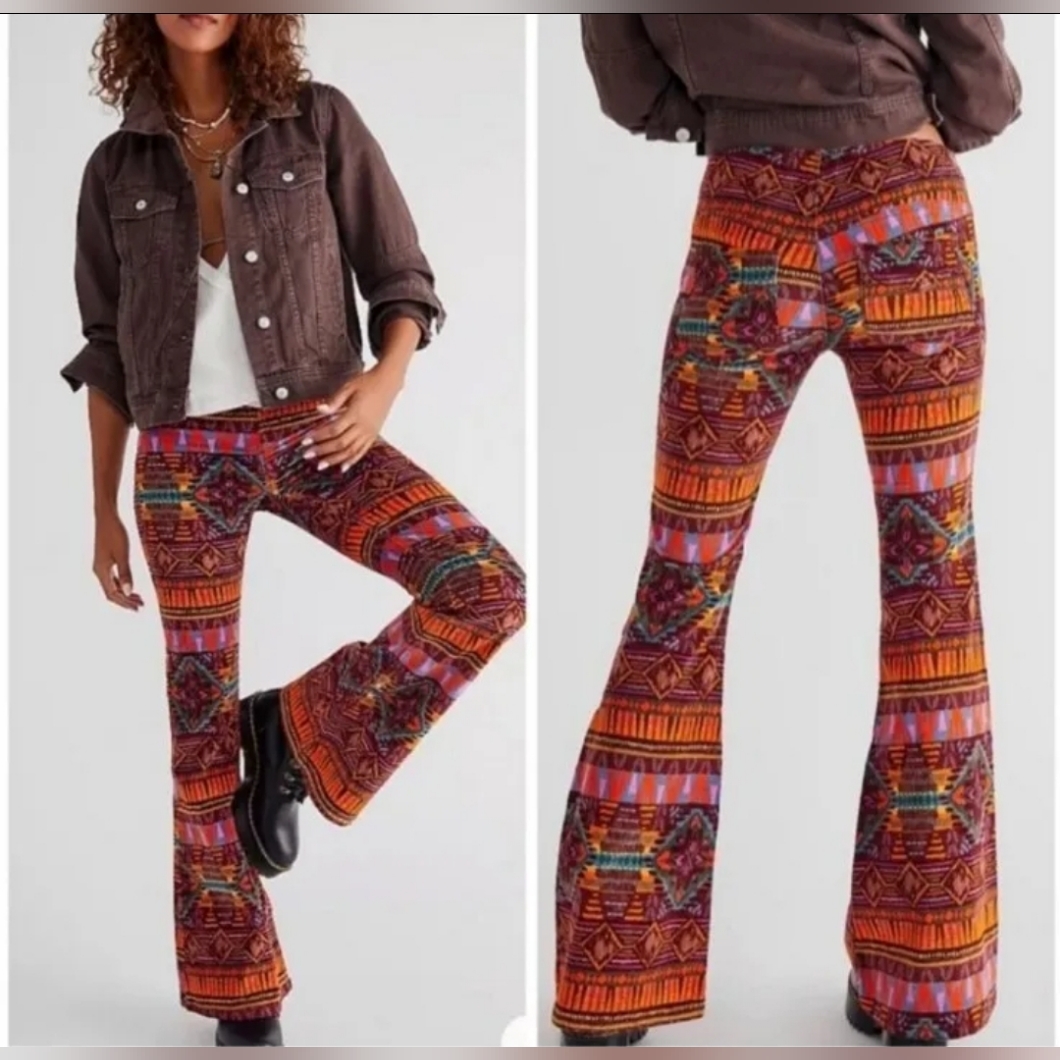 Free People, We The Free, Pull On Micro Corduroy Flair Pants,Boho Print, Size 27